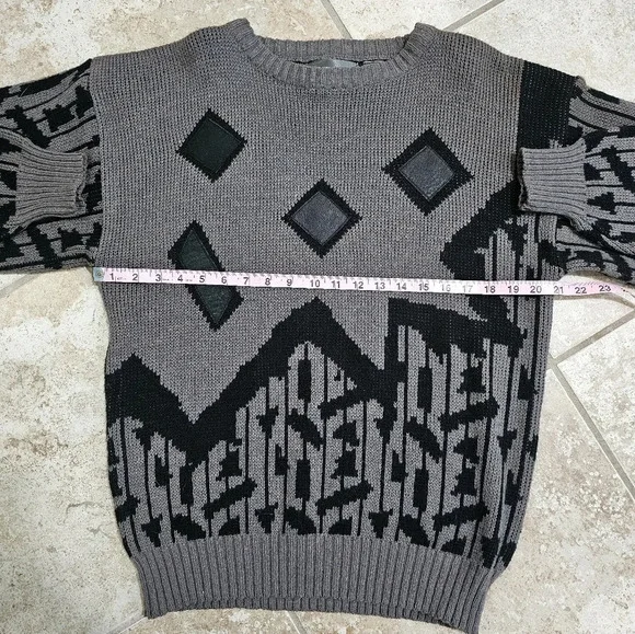 Alvin Josef L Brown Black 80s Geometric Sweater Leather Patches Rare Vintage
